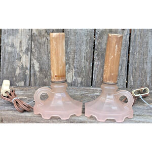 Art Deco Houze Coralex Pink Glass Finger Hole Boudoir Lamp Pair Set - AS IS